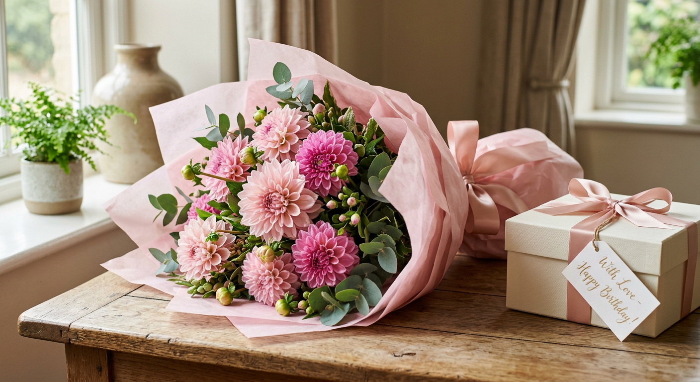 Pink dahlias bouquet with gift box