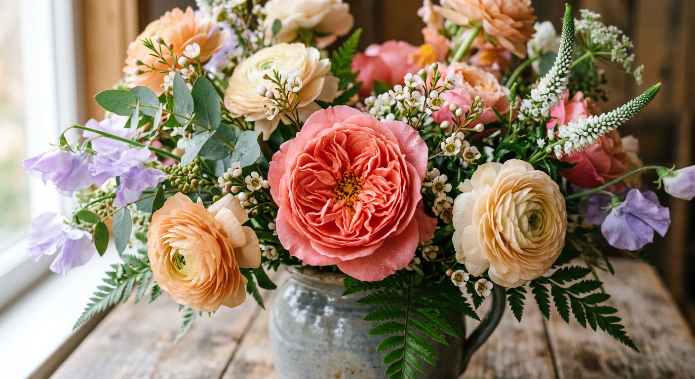 Lush bouquet of garden roses, ranunculus and wax flowers in a rustic jug